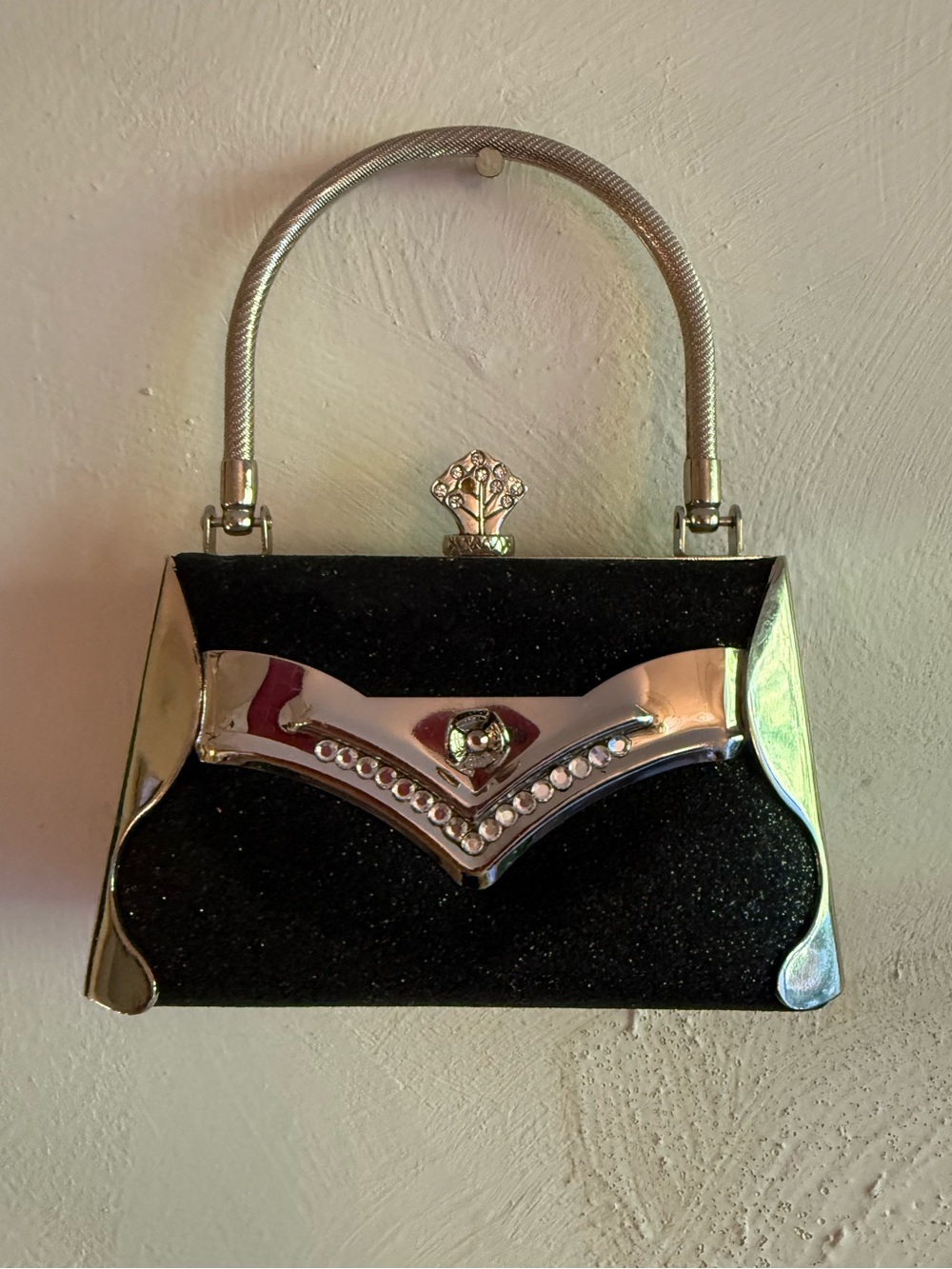 Vintage Black Glitter Mini Handbag Silver Metal Rhinestone Clasp Evening Purse